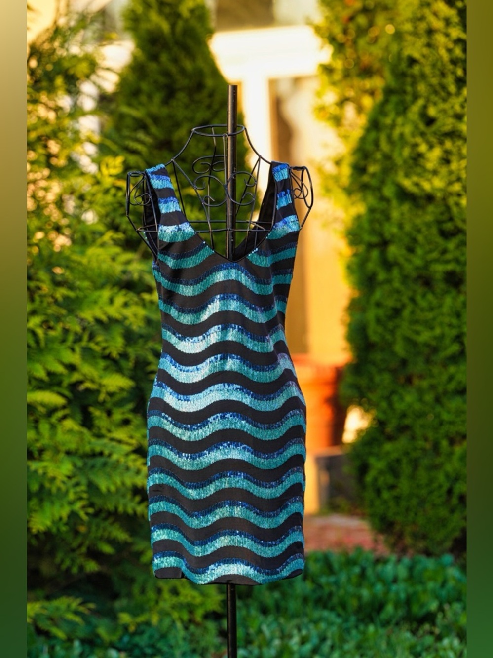 As You Wish Black & Turquoise Sequin Striped Mini Dress - Picture 4 of 9